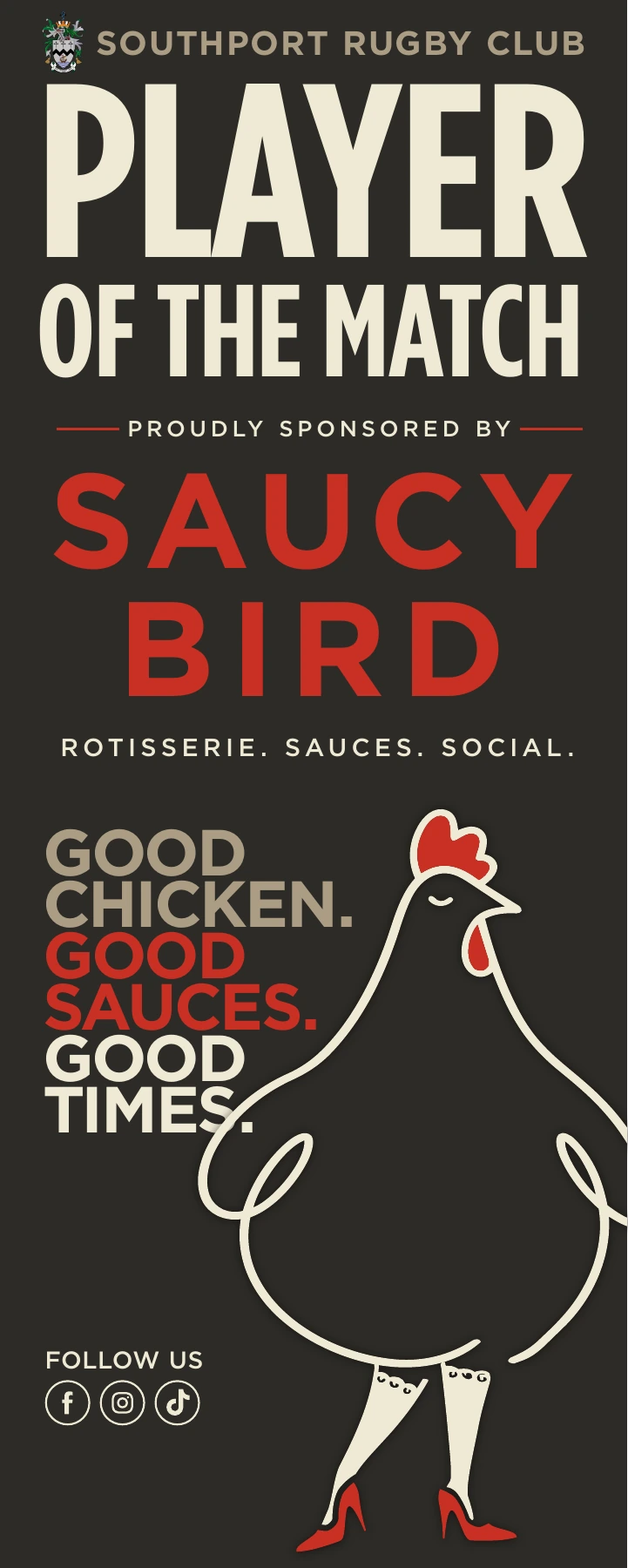 Southport Rugby Club Player of the Match, proudly sponsored by Saucy Bird. Original banner featuring the Saucy Bird character.
